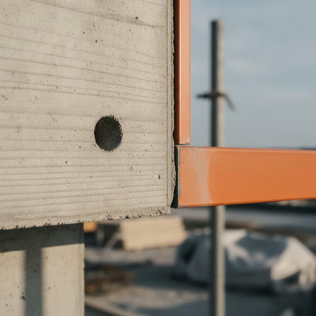 Detail einer Sichtbetonkante mit orangem Stahlprofil