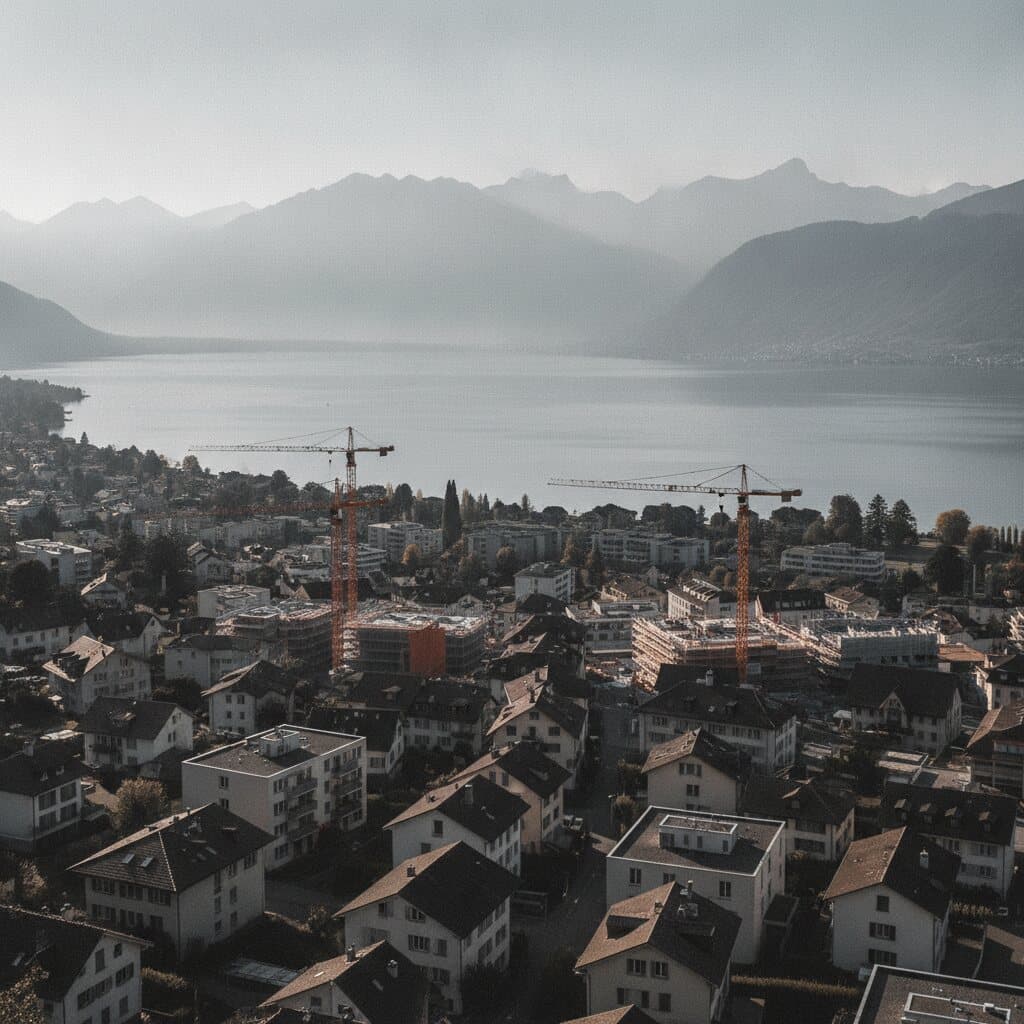 Blick über eine Schweizer Seegemeinde mit mehreren Baustellen