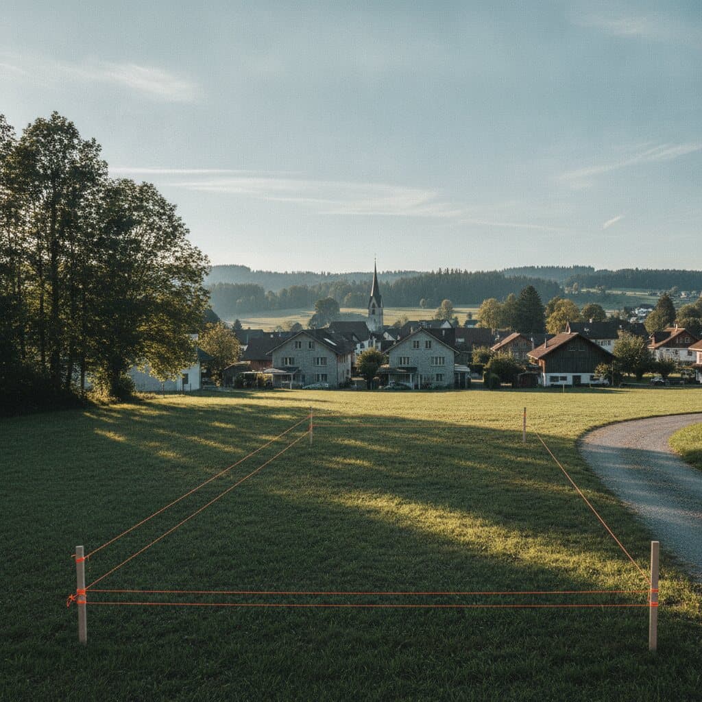 Vermessene Bauparzelle am Dorfrand mit Absteckungen