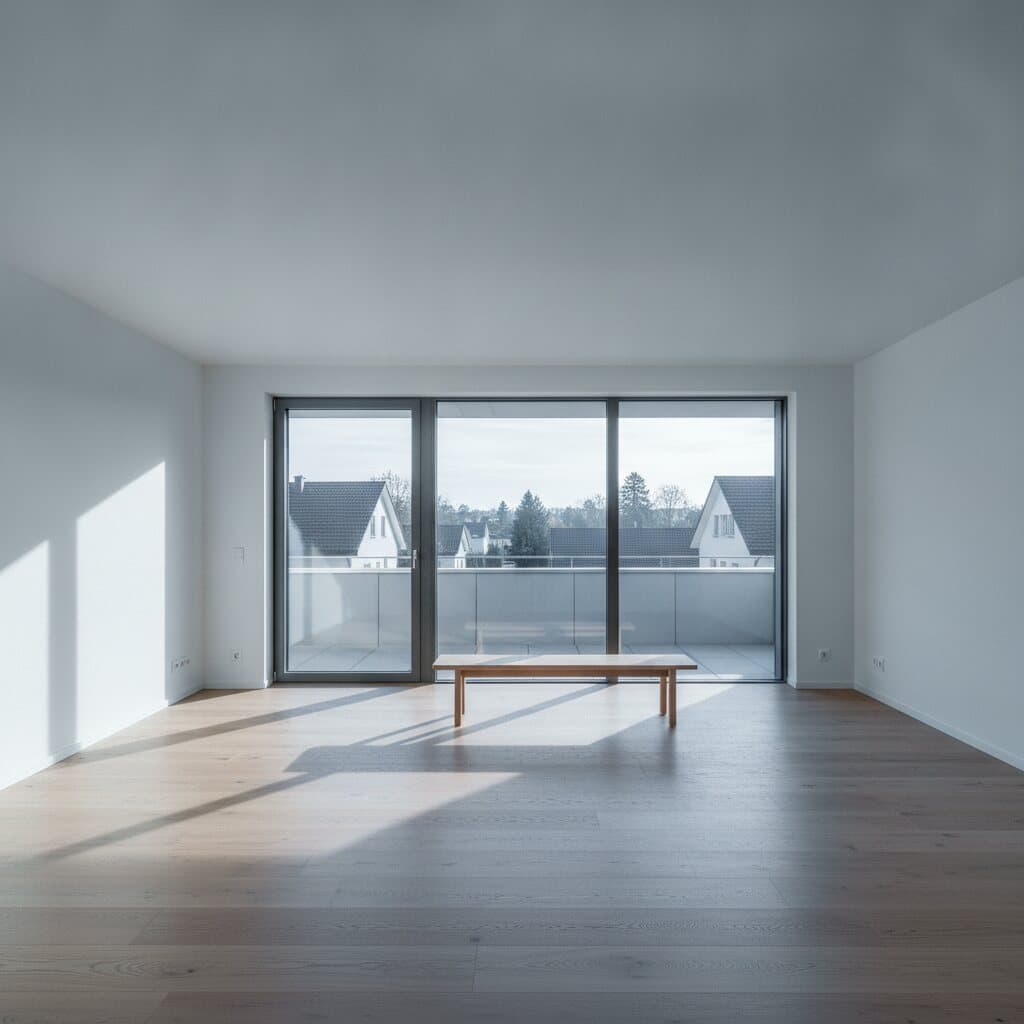 Leere fertiggestellte Neubauwohnung mit Eichenparkett
