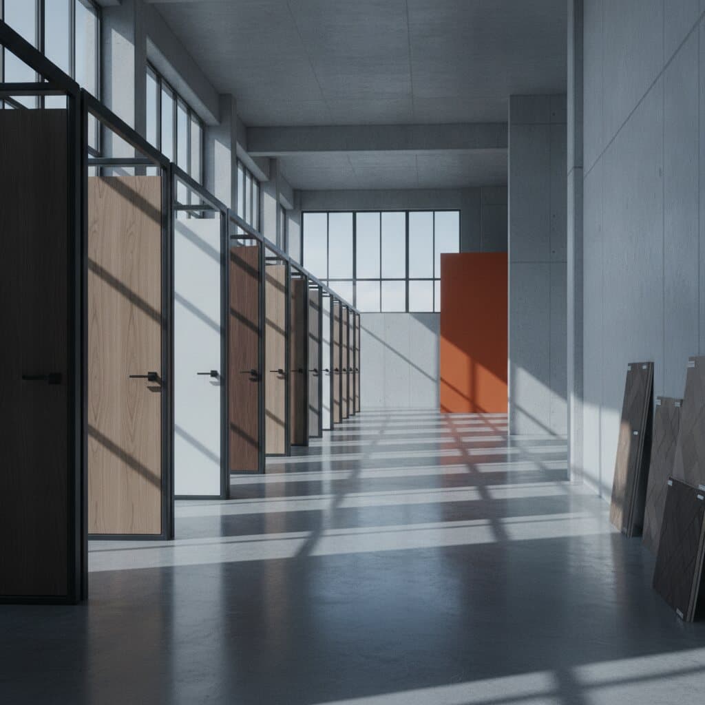 Showroom mit aufgestellten Türen, Parkettmustern und Möbeln in Spreitenbach