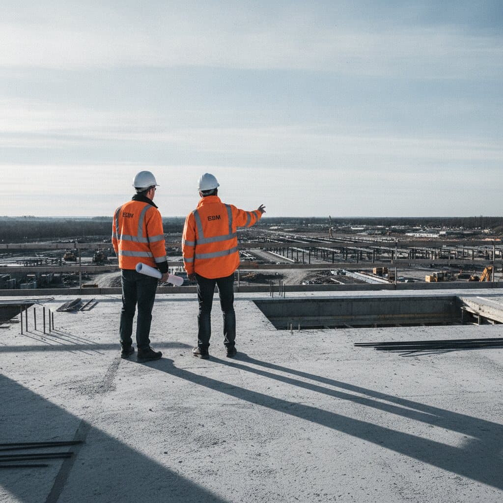 Zwei Bauleute in orangen Warnjacken auf einer Baustelle