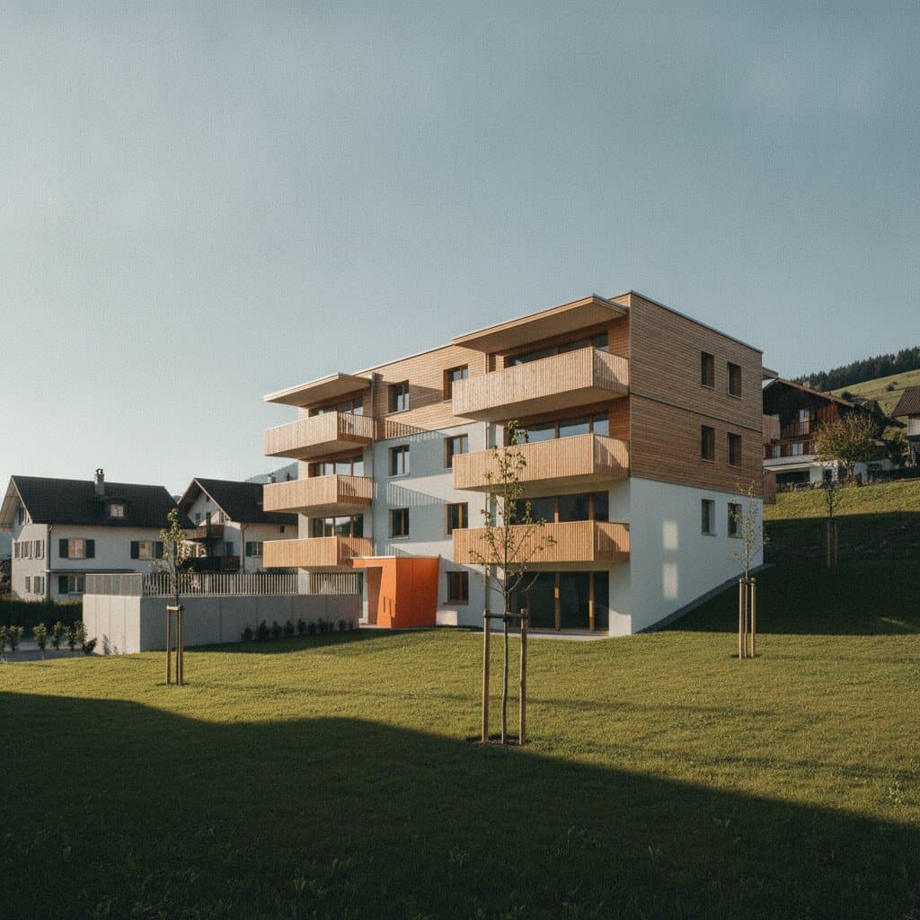 Modernes Schweizer Mehrfamilienhaus an einem Hang